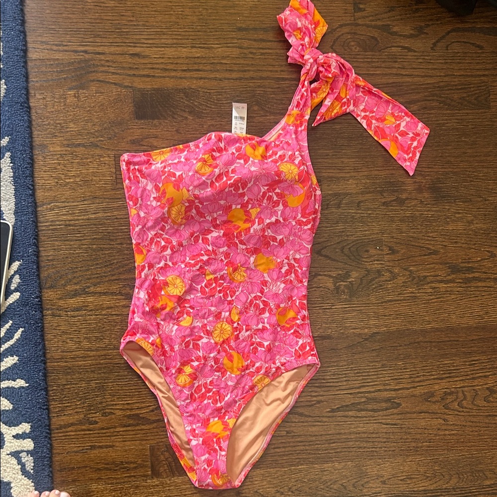 J. Crew Pink and Yellow Floral One-Shoulder One-Piece Swimsuit
